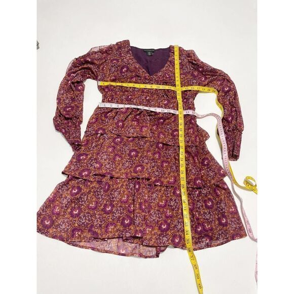 House of Harlow 1960 Batik Print V-Neck Mini Ruffle Tiered Dress Berry 10‎ - Picture 7 of 11